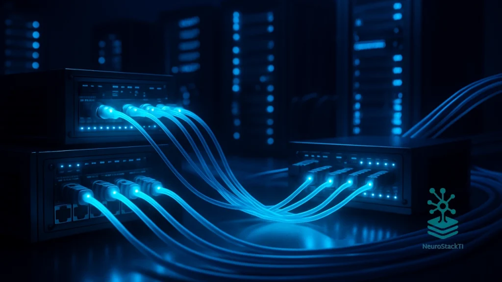 Backbone da internet com cabos de fibra e roteadores modernos