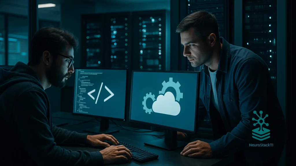 Ilustração de colaboração DevOps entre equipes de desenvolvimento e operações