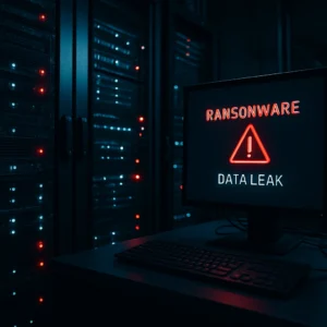 servidor corporativo sob ataque de ransomware com luzes de alerta