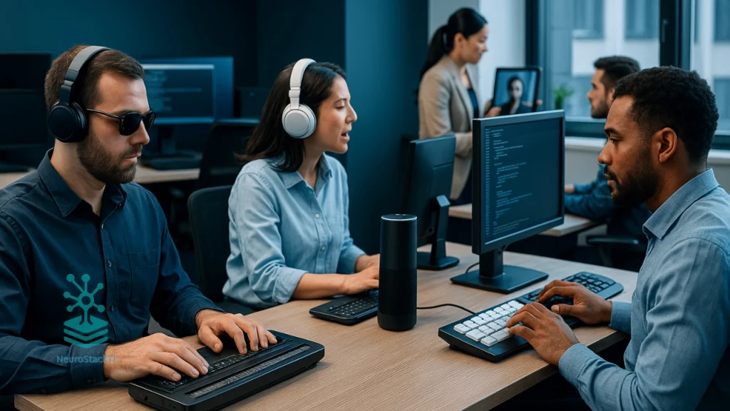 Escritório com profissionais usando tecnologias assistivas
