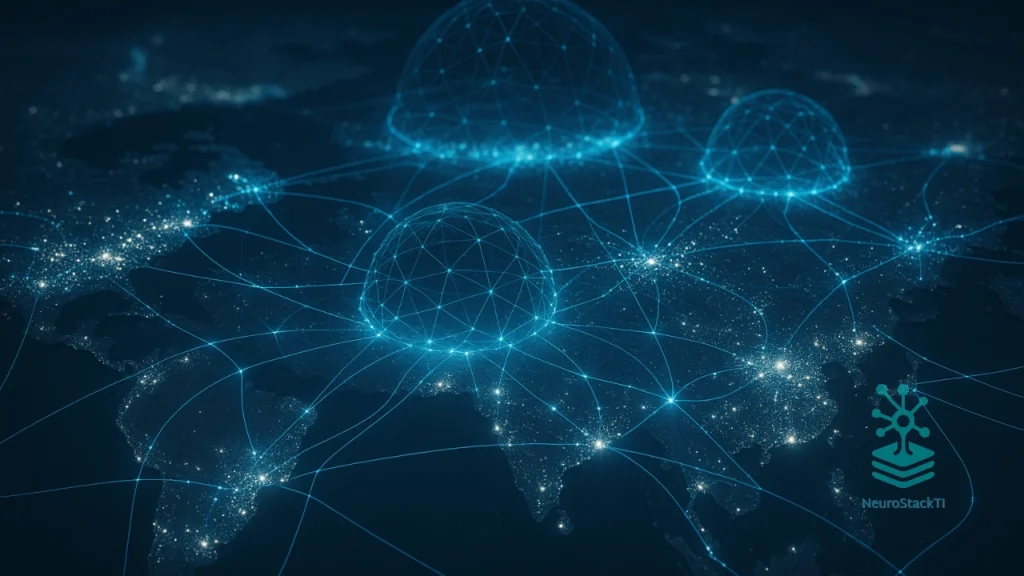 Mapa 3D de cidades conectadas por SD-WAN com linhas digitais em azul e ciano.