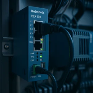 Roteador industrial Helmholz REX 100 em ambiente de controle automatizado