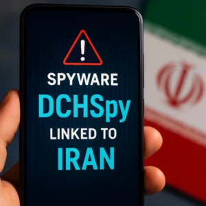 Smartphone Android exibindo alerta de spyware DCHSpy ligado ao Irã