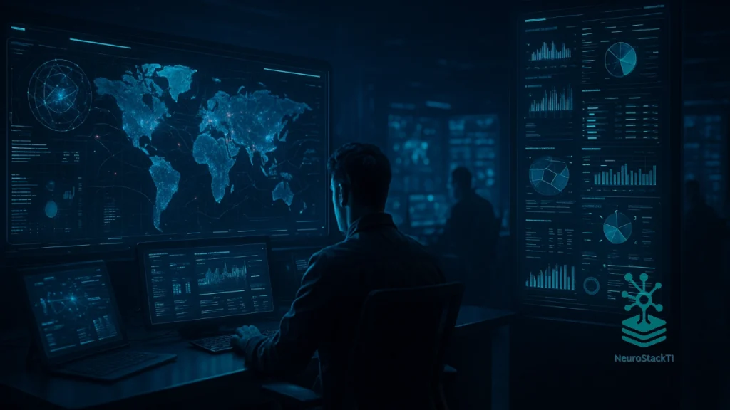 Centro de operações cibernéticas com painéis XDR futuristas em azul e ciano