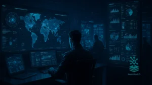 Centro de operações cibernéticas com painéis XDR futuristas em azul e ciano