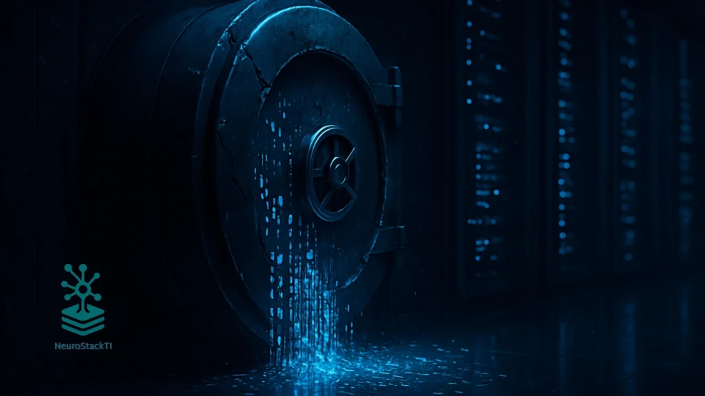 Cofre de dados violado com vazamento digital em data center escuro - vazamento de dados