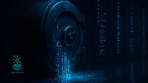 Cofre de dados violado com vazamento digital em data center escuro - vazamento de dados