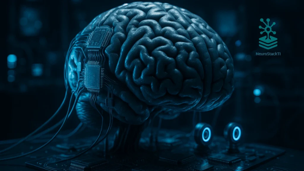 Cérebro biológico conectado a sensores e microchips em laboratório futurista - living intelligence