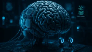 Cérebro biológico conectado a sensores e microchips em laboratório futurista - living intelligence