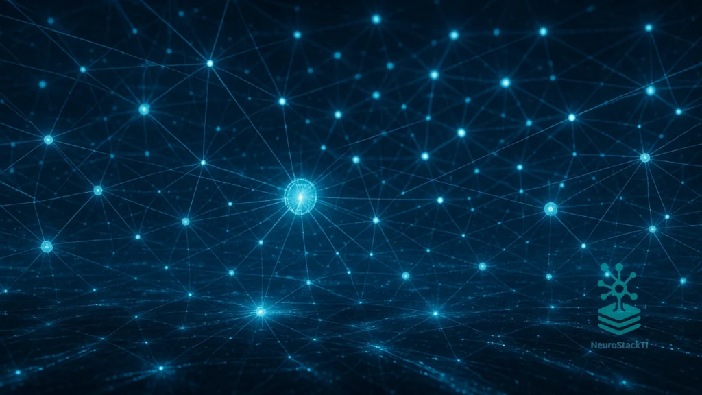 Rede digital complexa representando inteligência artificial distribuída com nós interconectados em azul