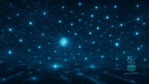 Rede digital complexa representando inteligência artificial distribuída com nós interconectados em azul