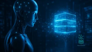 Inteligência artificial acessando base de dados flutuante em ambiente futurista - RAG