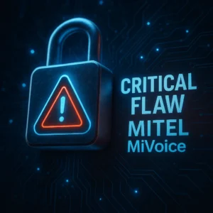 Alerta visual de falha crítica Mitel MiVoice em cenário cibernético complexo