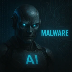 Representação realista de malware com IA em forma de androide ameaçador