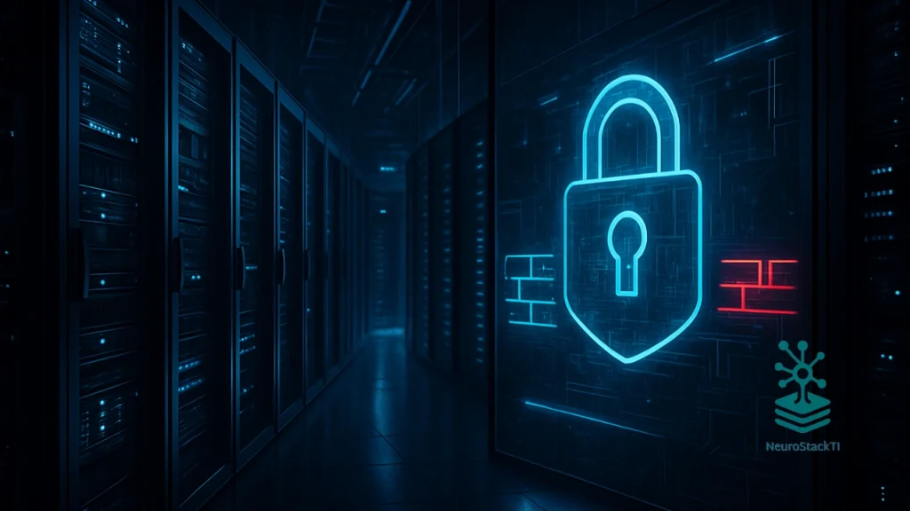 Data center de segurança cibernética com firewall e cadeado digital em tons de azul - CyberArk