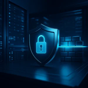 Escudo digital com cadeado azul brilhante em data center seguro