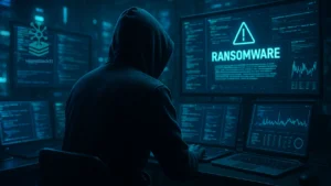 Hacker operando ransomware em ambiente cibernético