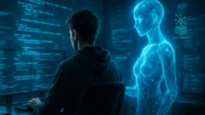 Programador codificando com auxílio de inteligência artificial holográfica em ambiente futurista - programação