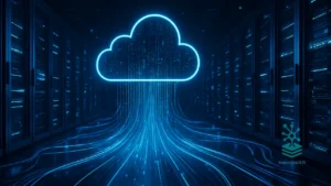 Data center futurista com nuvem digital central em tons de azul